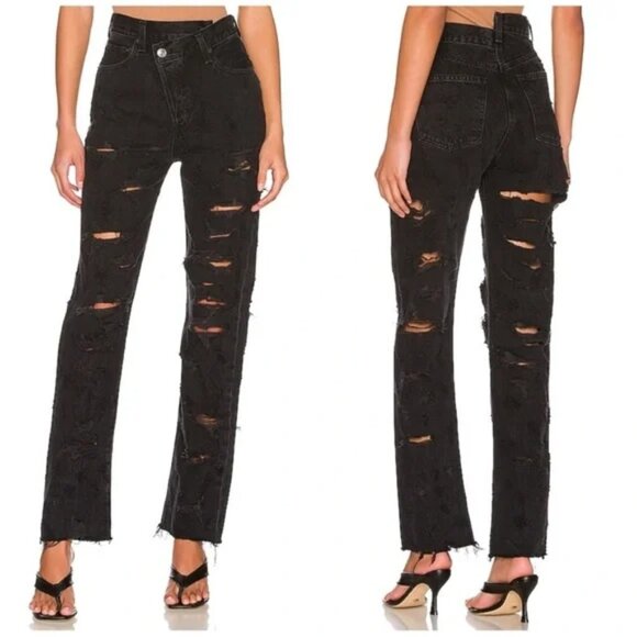 NEW AGOLDE CRISS CROSS STRAIGHT JEANS DESTROYED FEVERISH BLACK RIGID DENIM sz 25 - Picture 1 of 9